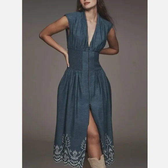 Anthropologie The Tommie Denim Chambray Zip Front Eyelet Trim Dress Blue S NWT
